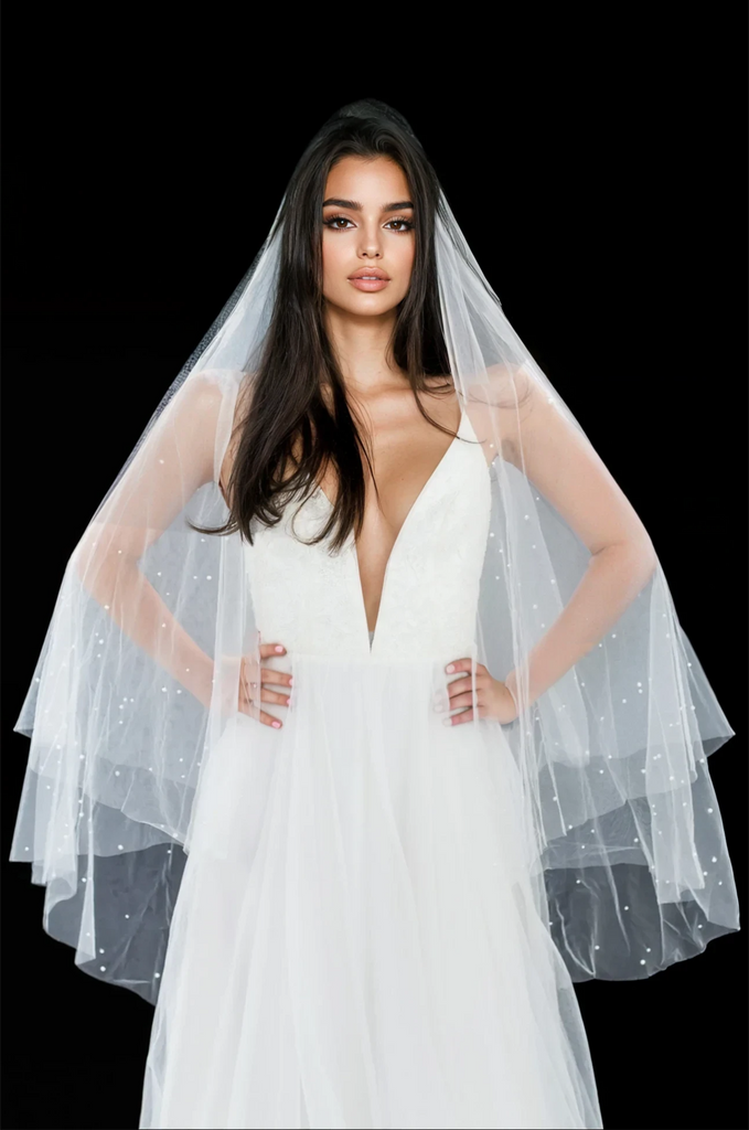 Brides and Hairpins Danton Veil Raw-Edge Tulle Fingertip Veil with Blusher Ivory Raw-Edge Silk Tulle Fingertip Veil with Blusher | David main image 3