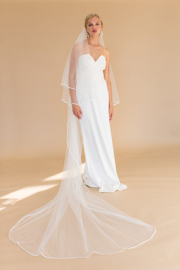 TAMAR CATHEDRAL VEIL WITH BLUSHER - SATIN RIBBON EDGING