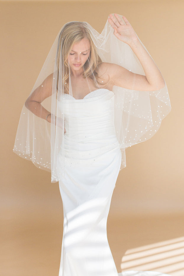 AXELLE FINGERTIP VEIL WITH BLUSHER EDGED WITH CRYSTALS AND PEARLS