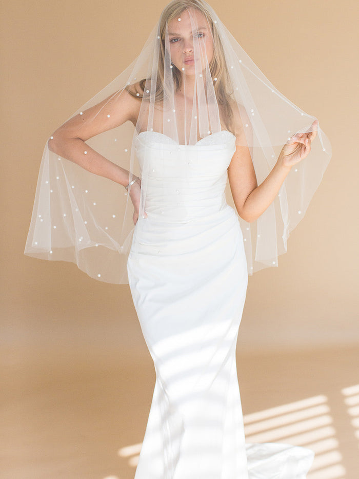 ELLERY ELBOW VEIL WITH BLUSHER & SCATTERED PEARLS ELLERY ELBOW VEIL WITH BLUSHER & SCATTERED PEARLS