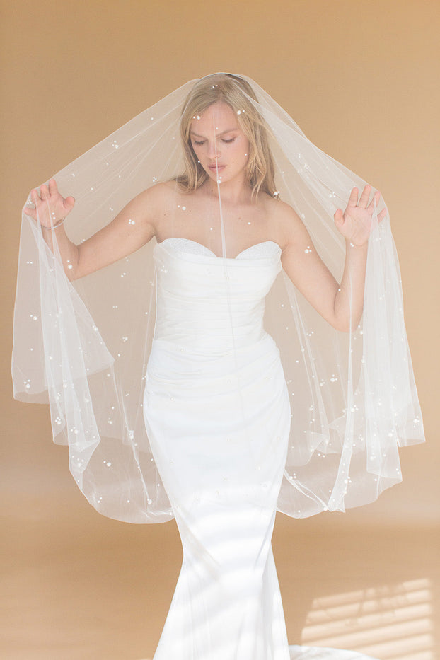 ILARIA FINGERTIP VEIL WITH LONG BLUSHER & SCATTERED PEARL CLUSTERS