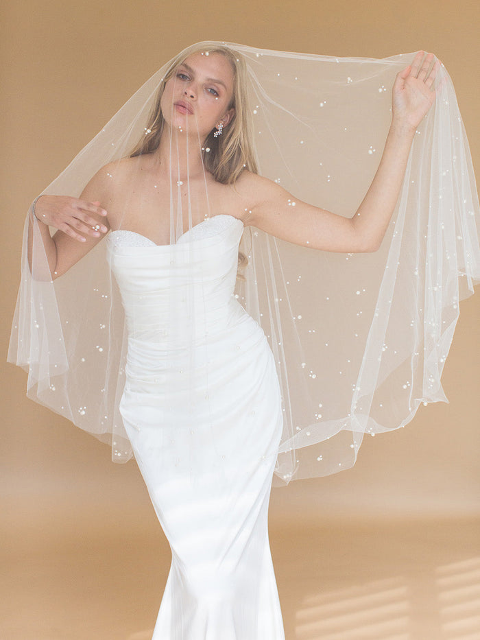 ILARIA FINGERTIP VEIL WITH LONG BLUSHER & SCATTERED PEARL CLUSTERS ILARIA FINGERTIP VEIL WITH LONG BLUSHER & SCATTERED PEARL CLUSTERS