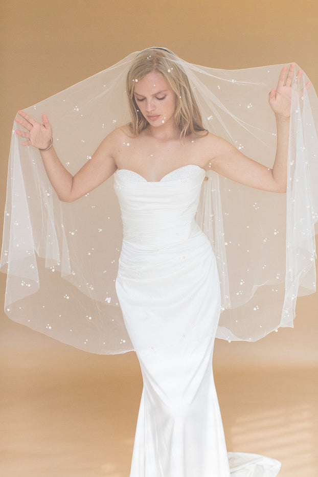 ILARIA FINGERTIP VEIL WITH LONG BLUSHER & SCATTERED PEARL CLUSTERS