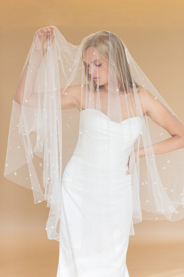 ILARIA FINGERTIP VEIL WITH LONG BLUSHER & SCATTERED PEARL CLUSTERS