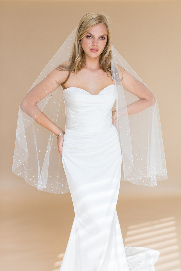 NEBULA FINGERTIP VEIL EDGED WITH CRYSTALS & PEARLS