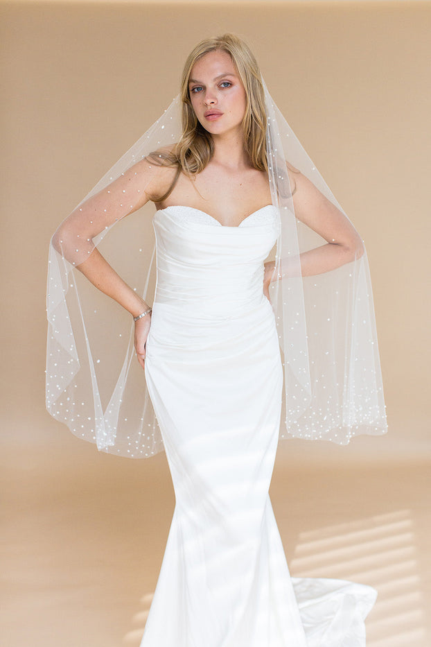 NEBULA FINGERTIP VEIL EDGED WITH CRYSTALS & PEARLS