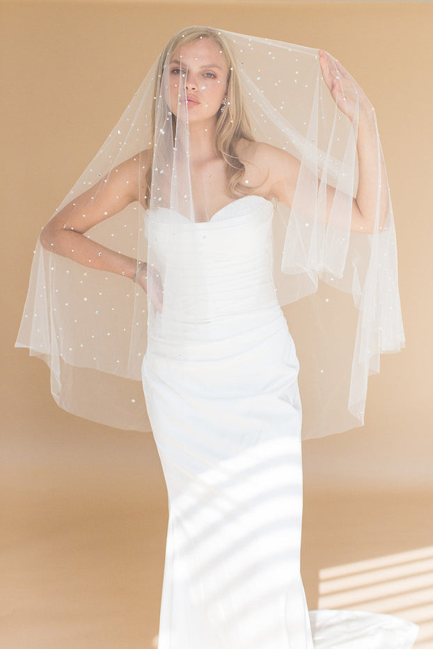 OONA FINGERTIP VEIL WITH BLUSHER & CASCADING RAINDROP PEARLS & CRYSTALS