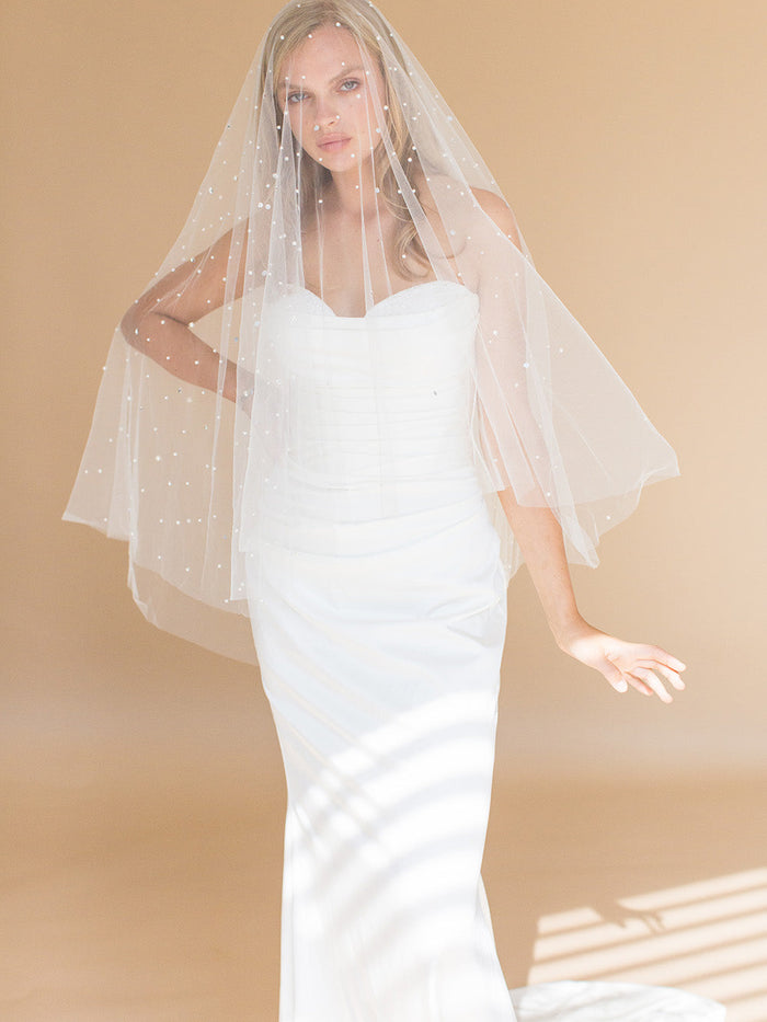 OONA FINGERTIP VEIL WITH BLUSHER & CASCADING RAINDROP PEARLS & CRYSTALS OONA FINGERTIP VEIL WITH BLUSHER & CASCADING RAINDROP PEARLS & CRYSTALS