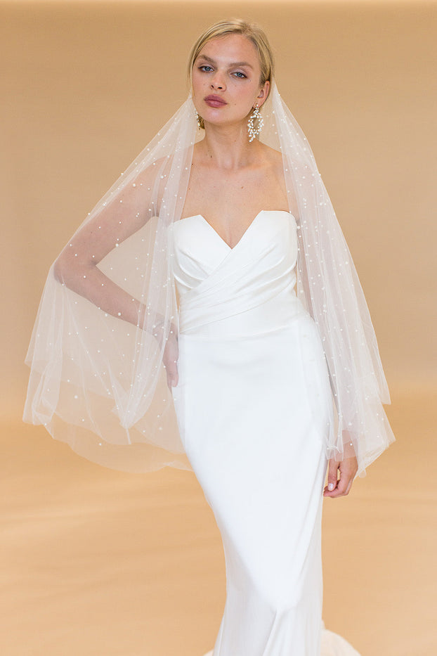 LULEE FINGERTIP VEIL WITH BLUSHER & CASCADING RAINDROP PEARLS