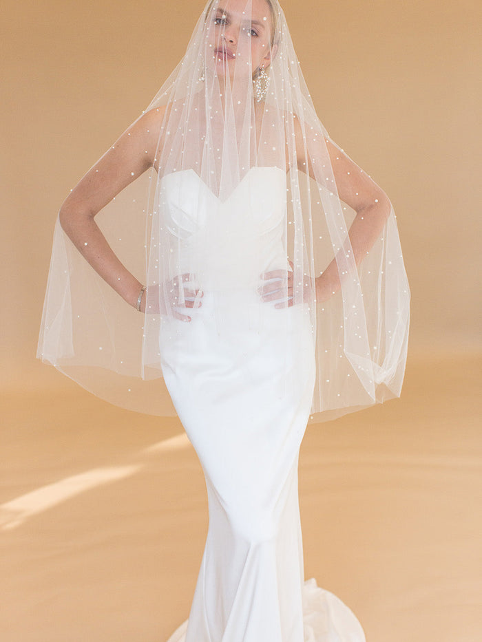 LULEE FINGERTIP VEIL WITH BLUSHER & CASCADING RAINDROP PEARLS LULEE FINGERTIP VEIL WITH BLUSHER & CASCADING RAINDROP PEARLS