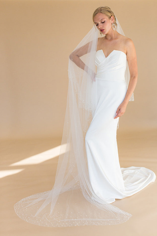 KALONICE CHAPEL VEIL WITH BLUSHER EDGED WITH SCATTERED PEARLS & CRYSTALS