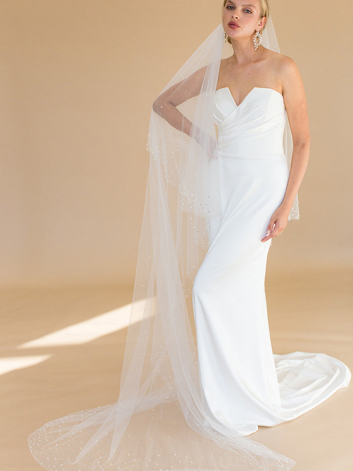 KALONICE CHAPEL VEIL WITH BLUSHER EDGED WITH SCATTERED PEARLS & CRYSTALS KALONICE CHAPEL VEIL WITH BLUSHER EDGED WITH SCATTERED PEARLS & CRYSTALS