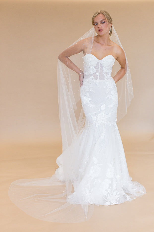 NOVALIE CHAPEL VEIL WITH CASCADING RAINDROP PEARLS & CRYSTALS