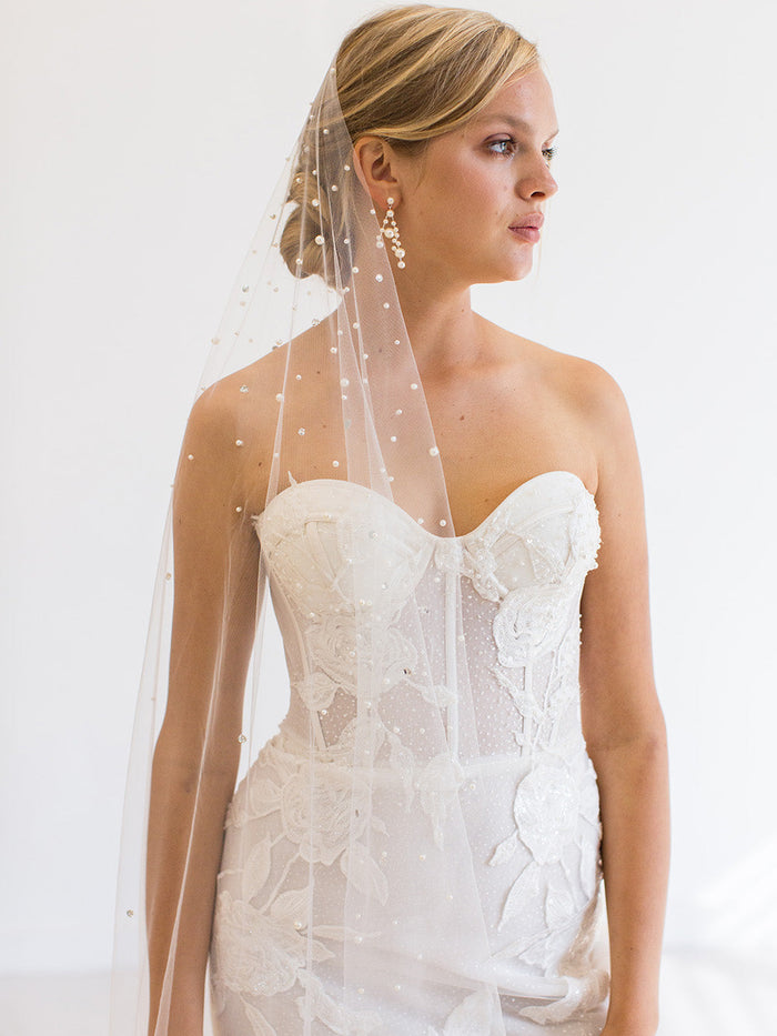 NOVALIE CHAPEL VEIL WITH CASCADING RAINDROP PEARLS & CRYSTALS NOVALIE CHAPEL VEIL WITH CASCADING RAINDROP PEARLS & CRYSTALS