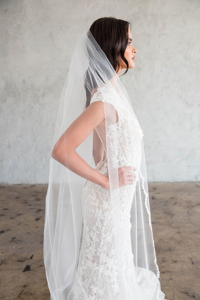 Isabella - Single Layer Cathedral Length Veil With A Wired Wavy Edge