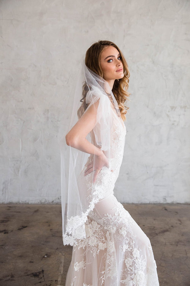 ALOUTTE CATHEDRAL VEIL - LACE EDGE 16" FROM COMB