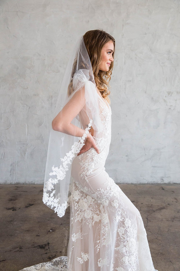 ALOUTTE CATHEDRAL VEIL - LACE EDGE 16" FROM COMB