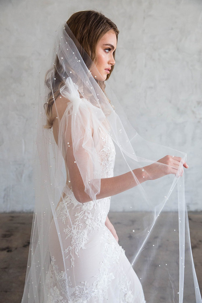 99” cathedral length ivory colored veil with pearls Ivory Single Tier Pearl Embellished Veil with Lace Edge | L&F main image 2
