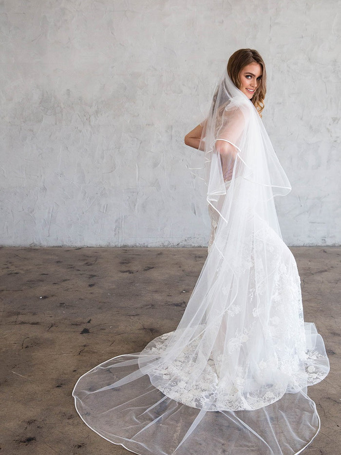 IVEN CHAPEL VEIL WITH BLUSHER - SATIN RIBBON EDGING IVEN CHAPEL VEIL WITH BLUSHER - SATIN RIBBON EDGING