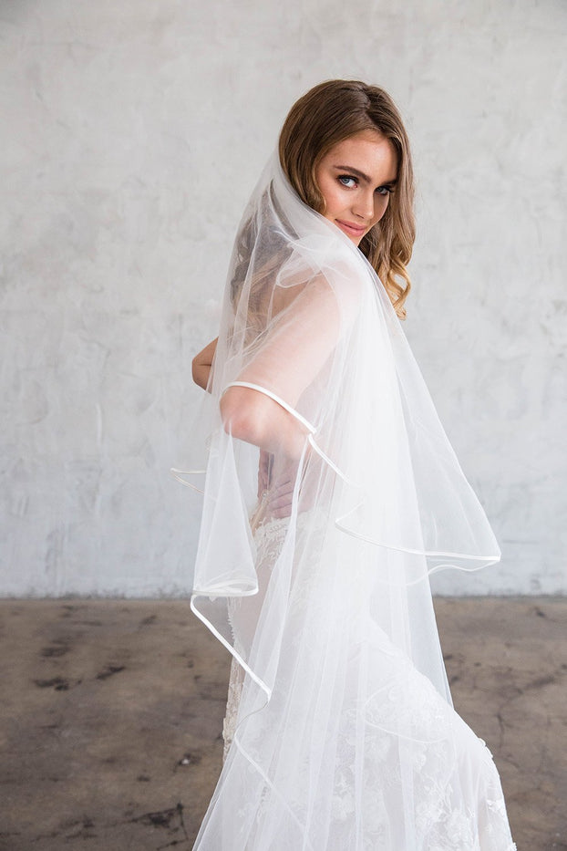 IVEN CHAPEL VEIL WITH BLUSHER - SATIN RIBBON EDGING