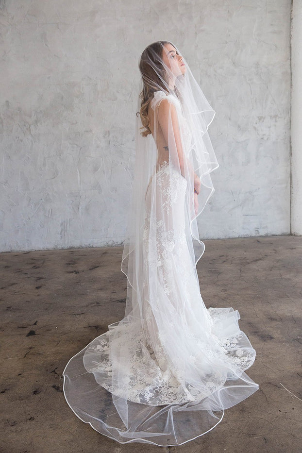 IVEN CHAPEL VEIL WITH BLUSHER - SATIN RIBBON EDGING