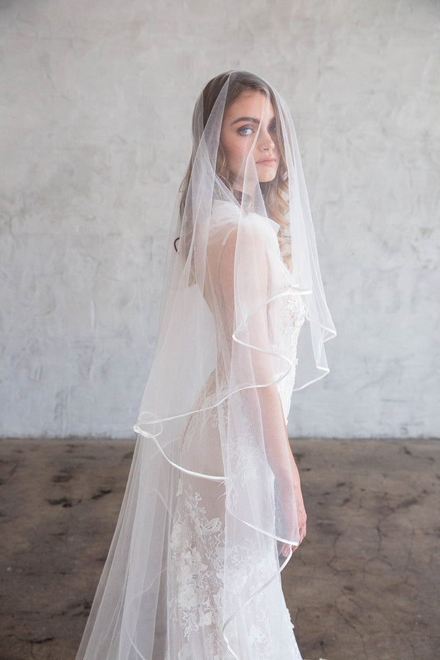 TAMAR CATHEDRAL VEIL WITH BLUSHER - SATIN RIBBON EDGING