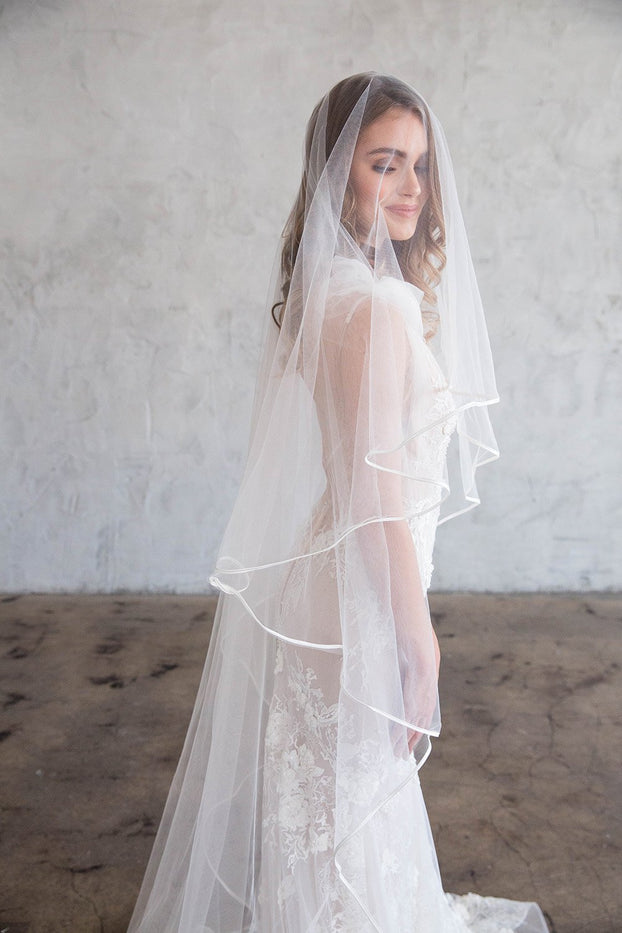 IVEN CHAPEL VEIL WITH BLUSHER - SATIN RIBBON EDGING