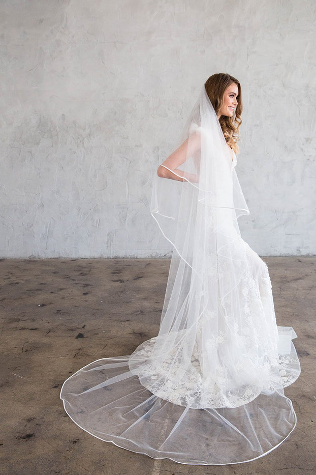 IVEN CHAPEL VEIL WITH BLUSHER - SATIN RIBBON EDGING