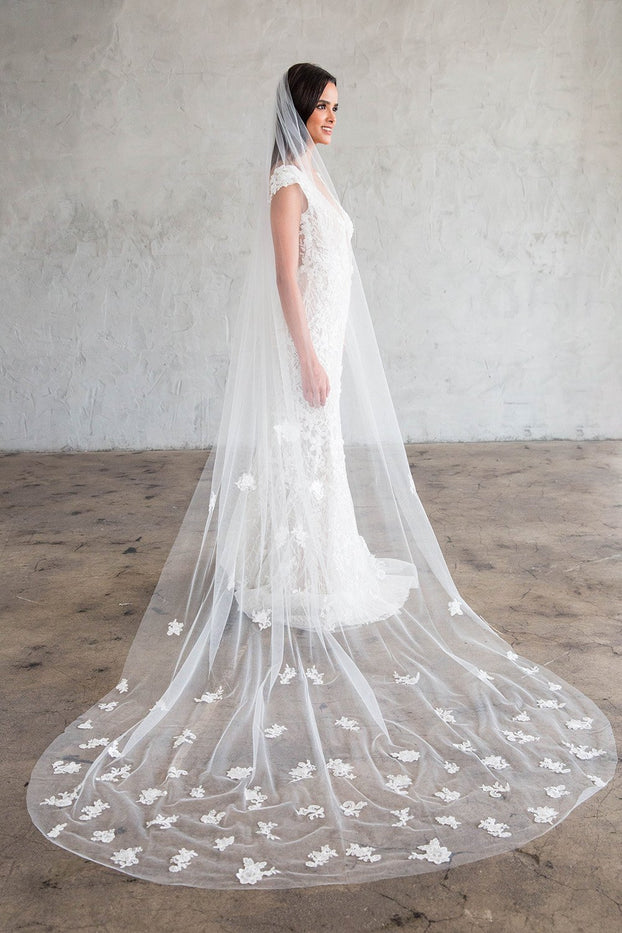 JULITA CATHEDRAL VEIL- SCATTERED LACE APPLIQUES