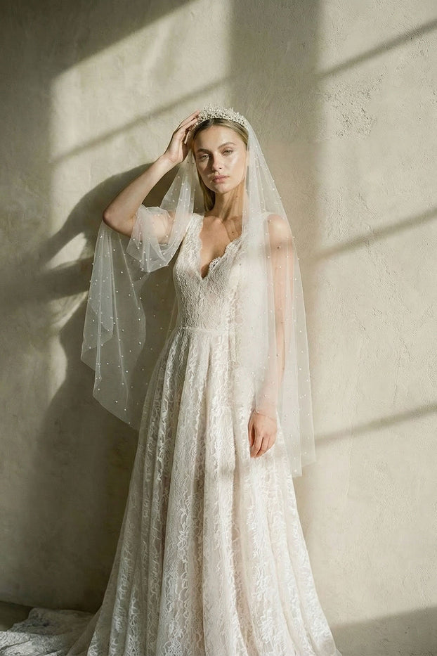 BLANCHE FINGERTIP VEIL WITH BLUSHER & SCATTERED PEARLS