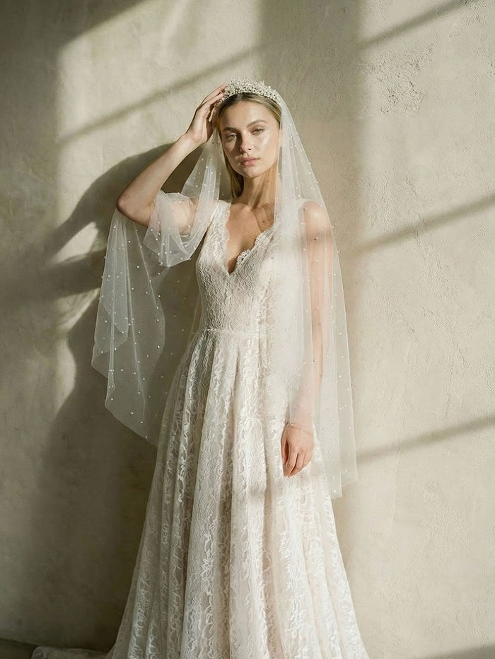 BLANCHE FINGERTIP VEIL WITH BLUSHER & SCATTERED PEARLS