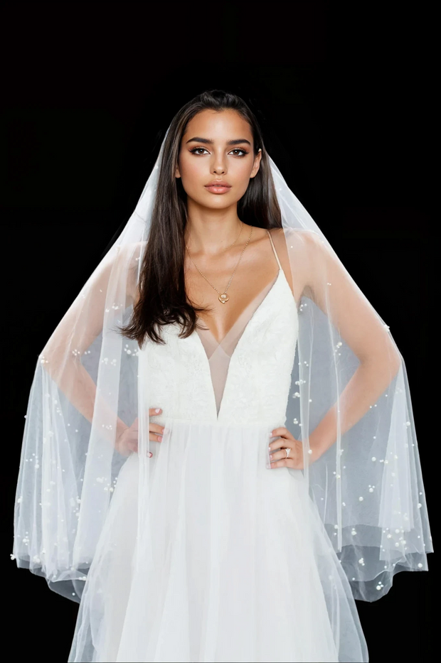 ILARIA FINGERTIP VEIL WITH LONG BLUSHER & SCATTERED PEARL CLUSTERS