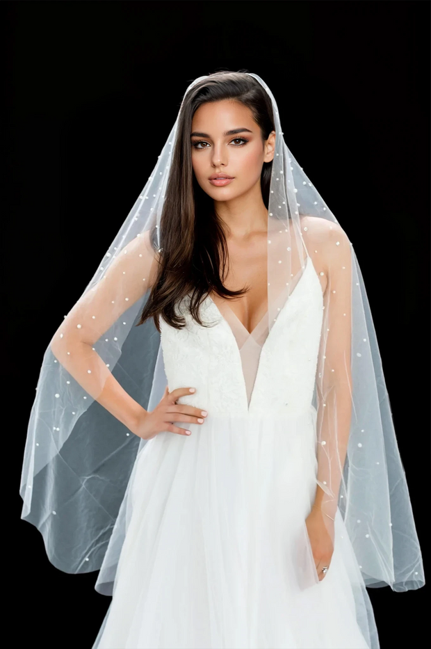 IONE FINGERTIP VEIL & CASCADING RAINDROP PEARLS & CRYSTALS