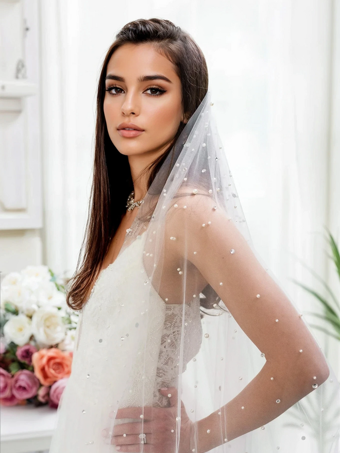 LAYANA CATHEDRAL VEIL WITH BLUSHER & CASCADING RAINDROP PEARLS & CRYSTALS
