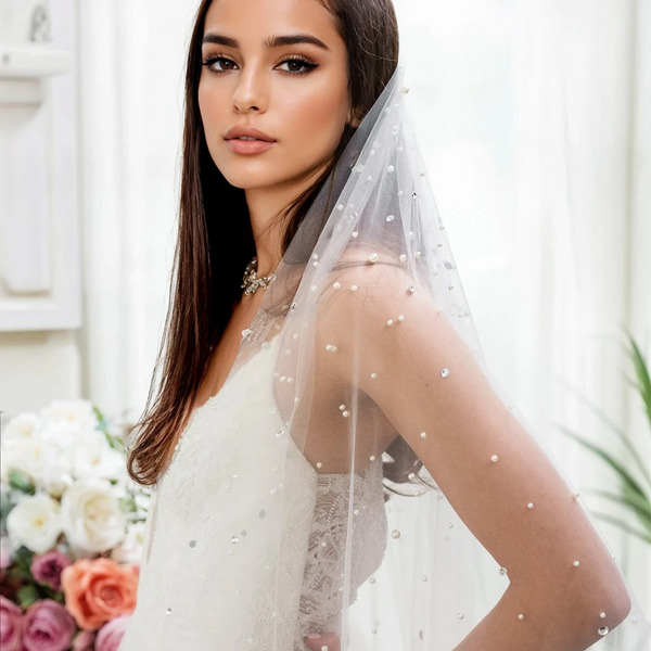 LAYANA CATHEDRAL VEIL WITH BLUSHER & CASCADING RAINDROP PEARLS & CRYSTALS