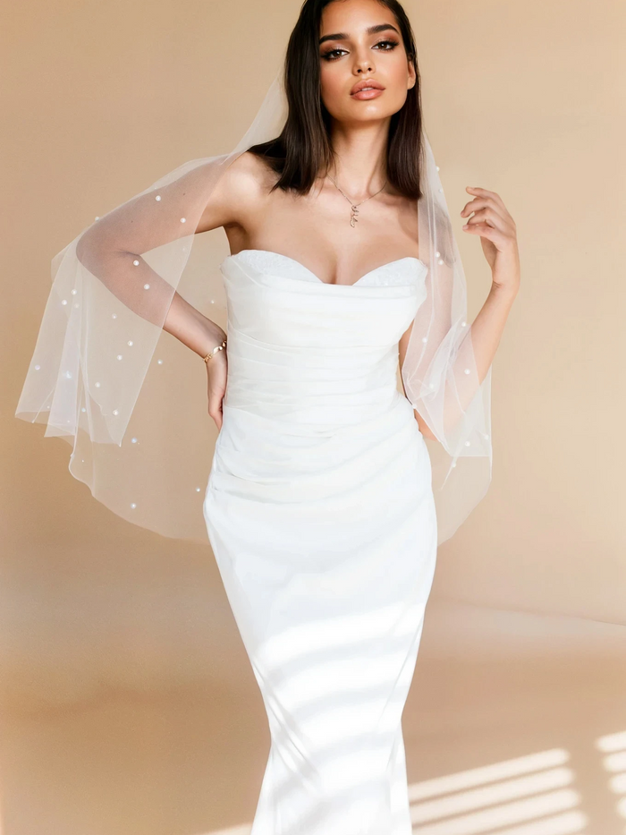 ADALET ELBOW VEIL WITH BLUSHER & LARGE SCATTERED CRYSTALS