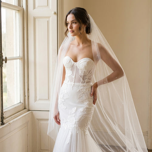 Brunette model wearing Ottiline cathedral veil with flowing tulle and cascading raindrop crystals in a romantic soft-light scene.