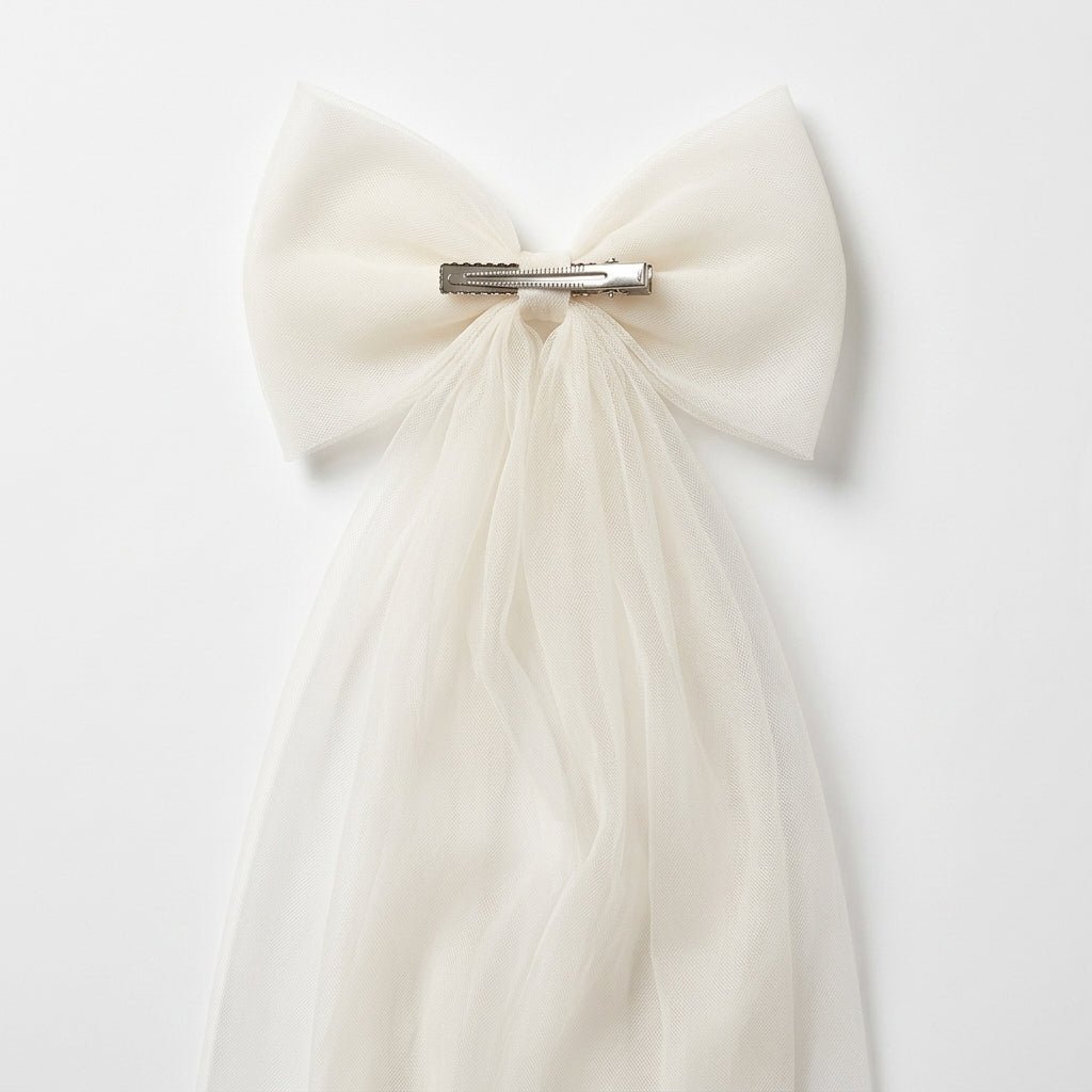 Feminine tulle bow clip on white background showcasing delicate design, hand-sewn Spanish tulle, alligator clip, and lightweight structure.