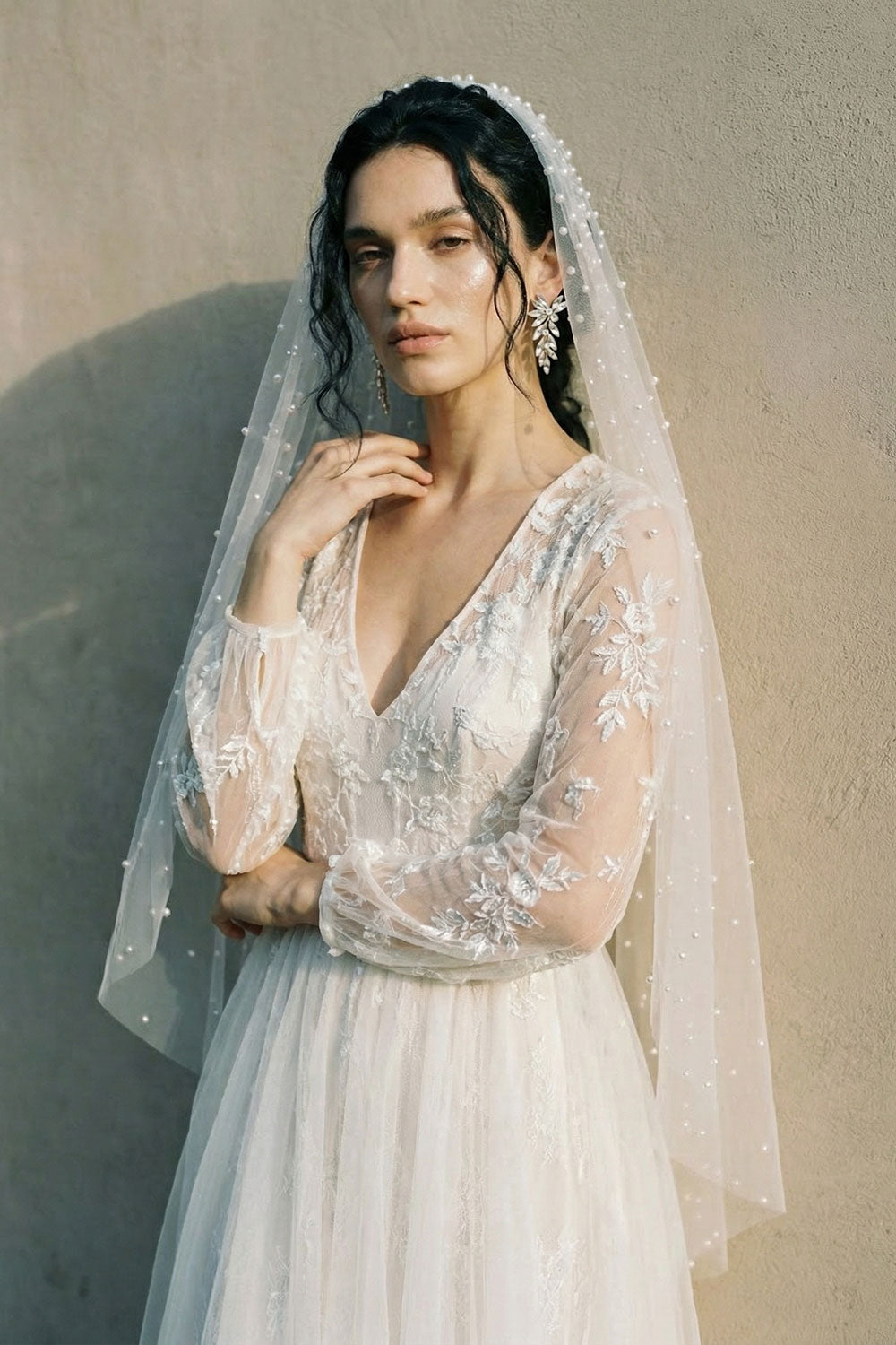 LULEE FINGERTIP VEIL WITH BLUSHER & CASCADING RAINDROP PEARLS