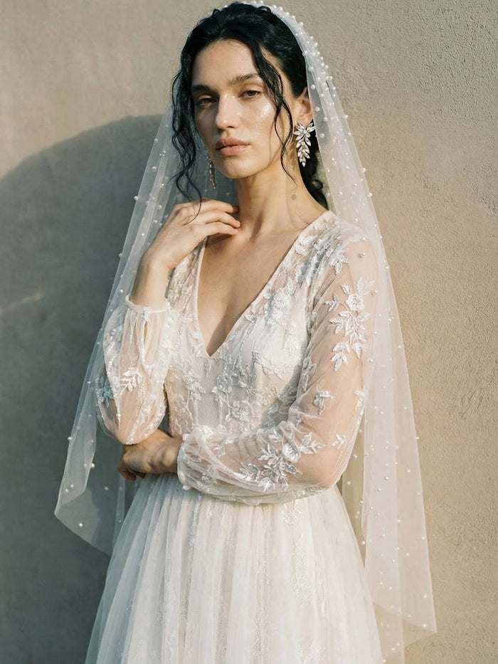 LULEE FINGERTIP VEIL WITH BLUSHER & CASCADING RAINDROP PEARLS