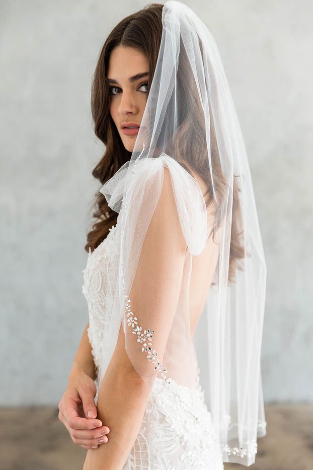 2 Tier Veil for Bride, White Bridal Wedding Veil with Crystals (30 In)