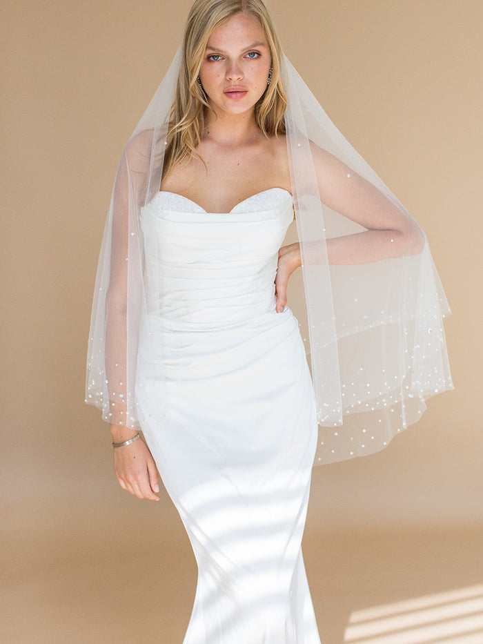 AXELLE FINGERTIP VEIL WITH BLUSHER EDGED WITH CRYSTALS AND PEARLS
