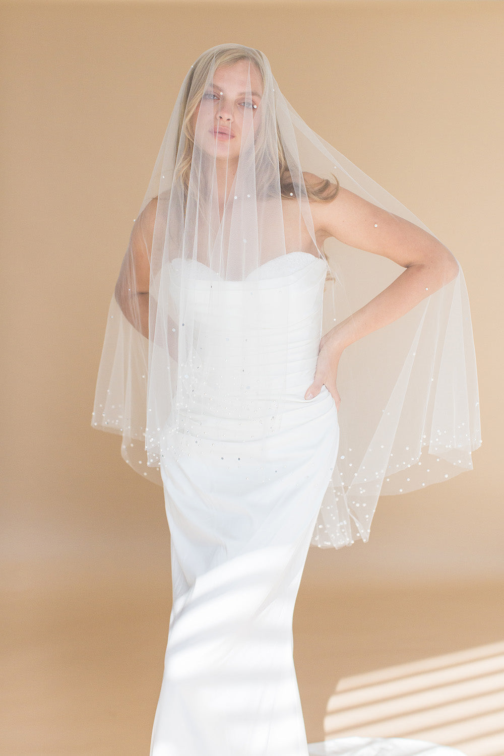 AXELLE FINGERTIP VEIL WITH BLUSHER EDGED WITH CRYSTALS AND PEARLS