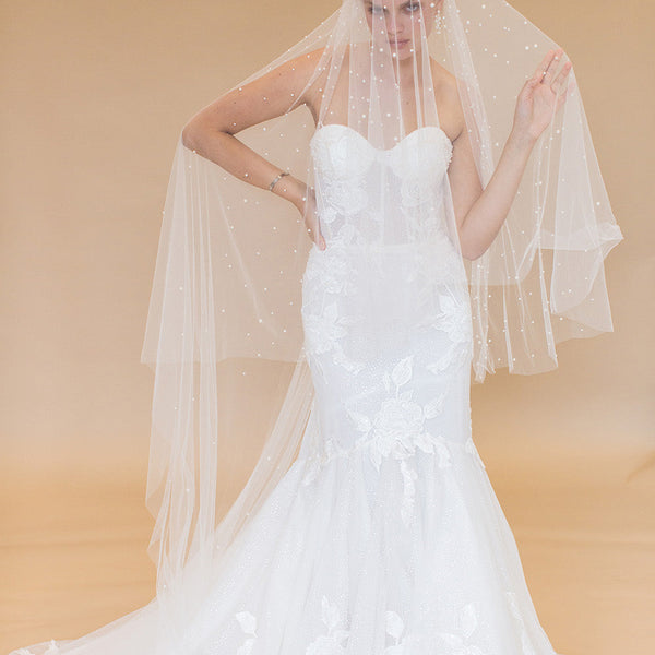 BAYLIN CHAPEL VEIL WITH BLUSHER & CASCADING RAINDROP PEARLS