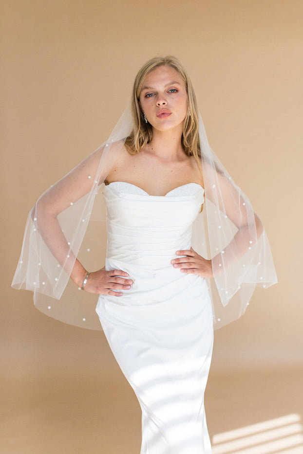 ELLERY ELBOW VEIL WITH BLUSHER & SCATTERED PEARLS