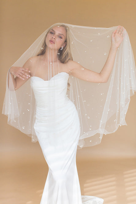 ILARIA FINGERTIP VEIL WITH LONG BLUSHER & SCATTERED PEARL CLUSTERS