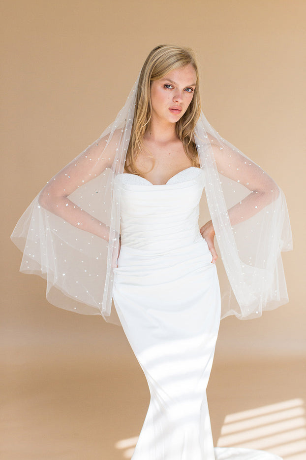 OONA FINGERTIP VEIL WITH BLUSHER & CASCADING RAINDROP PEARLS & CRYSTALS