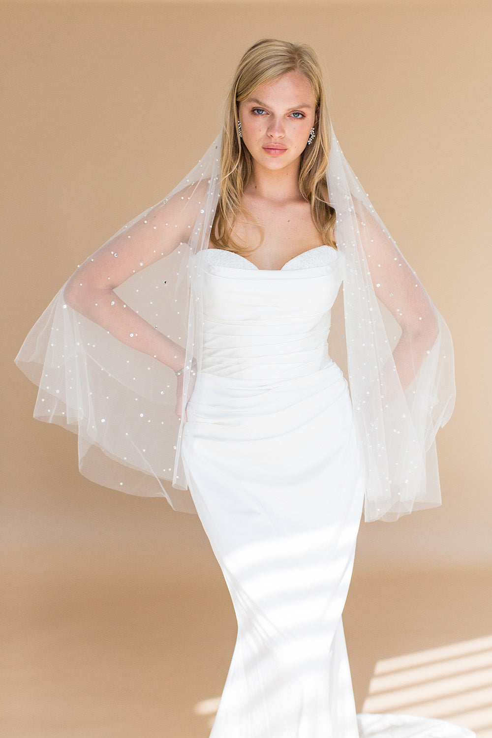 OONA FINGERTIP VEIL WITH BLUSHER & CASCADING RAINDROP PEARLS & CRYSTALS