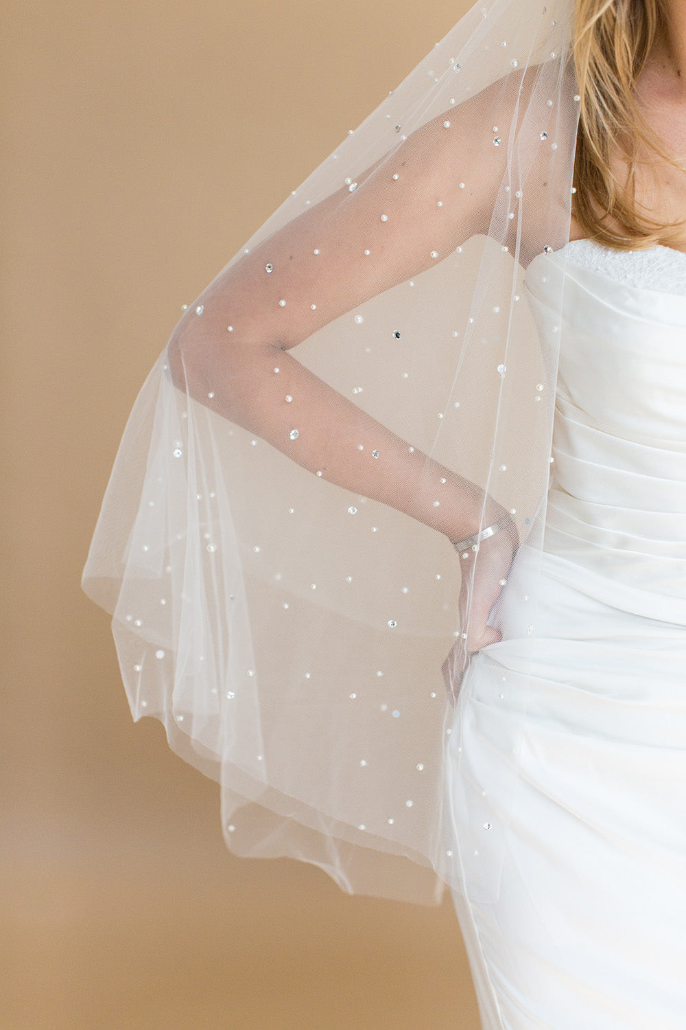 OONA FINGERTIP VEIL WITH BLUSHER & CASCADING RAINDROP PEARLS & CRYSTALS