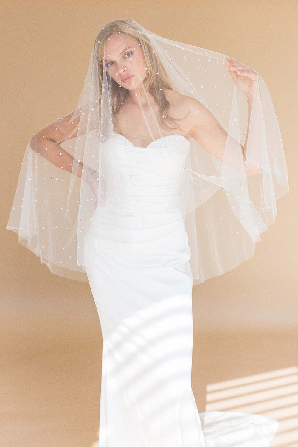 OONA FINGERTIP VEIL WITH BLUSHER & CASCADING RAINDROP PEARLS & CRYSTALS